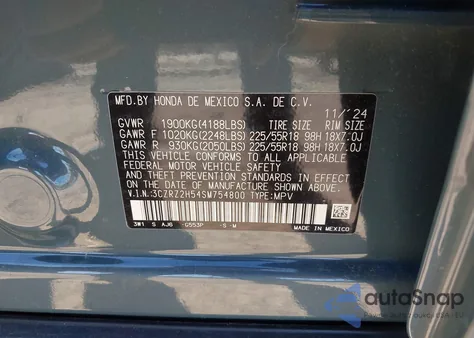 2025 Honda Hr-V Awd Sport из США, поврежденный, VIN 3CZRZ2H54SM754800